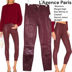 L'Agence Paris Women's Margot High Rise Skinny Coated Jeans In Garnet Sz 26 NWT